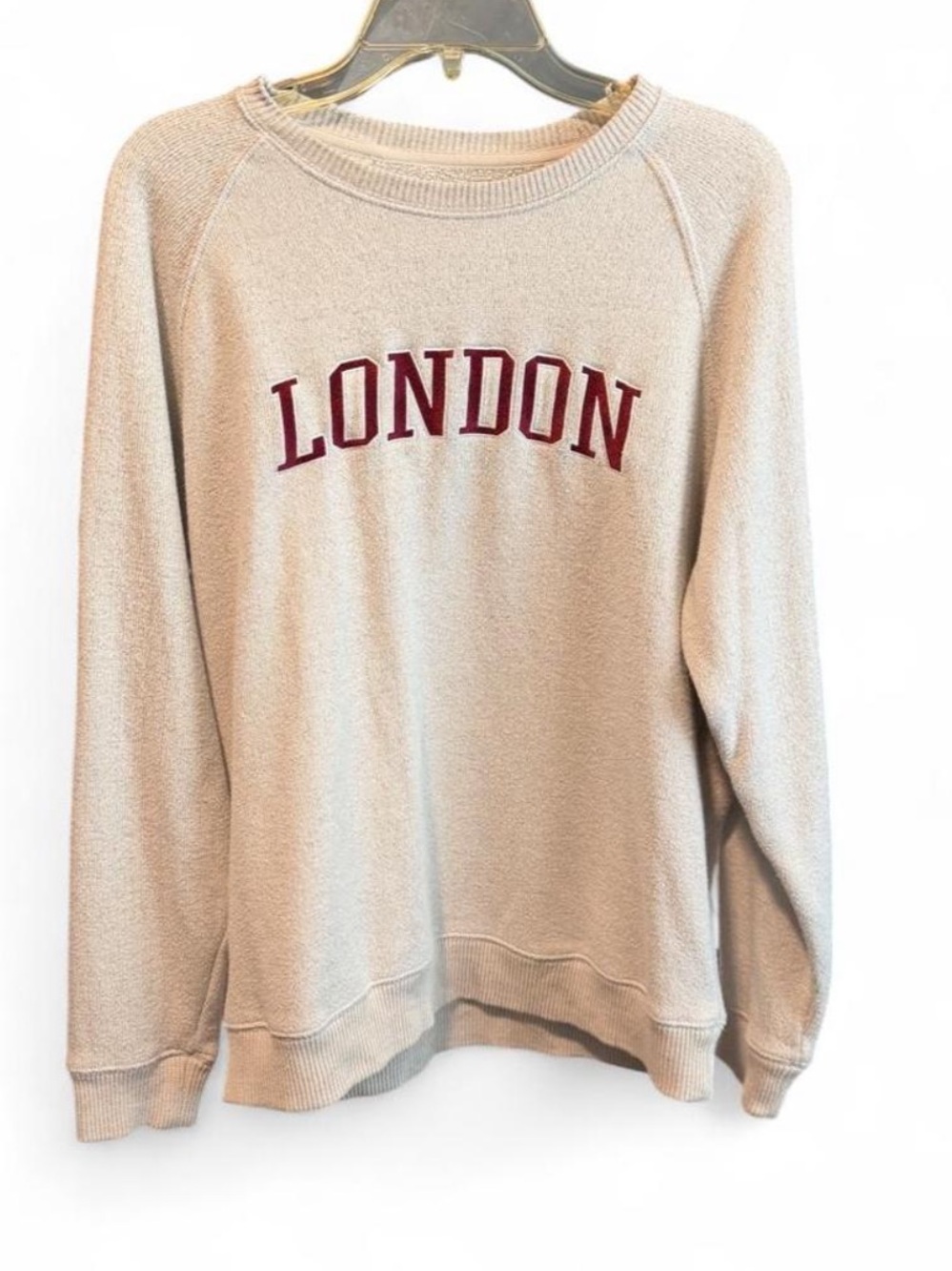 Lazy Sunday Beige 'LONDON' Crewneck Sweatshirt with Burgundy Embroidered Letters